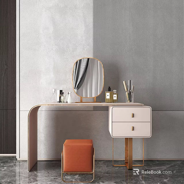 Modern White Dressing Table With Round Gold Frame Mirror And Orange Stool 3d model