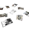 Open Interior Design Magazines Display Room Furniture Photos Scattered on Gray Background