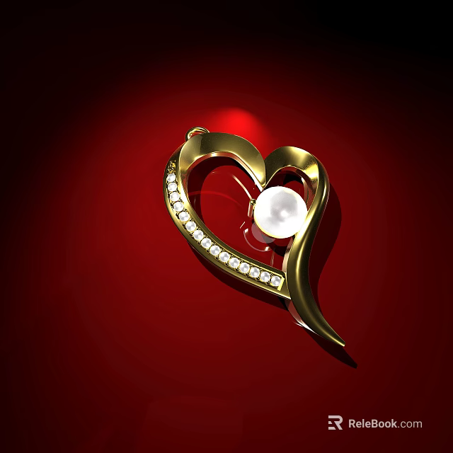 Elegant Heart Shaped Gold Pendant With Central Pearl And Surrounding Sparkling Diamonds On Red Background 3d model 