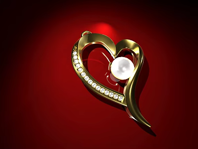 Elegant Heart Shaped Gold Pendant With Central Pearl And Surrounding Sparkling Diamonds On Red Background 3d model