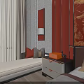 Traditional Chinese Style Beige Chaise Lounge With Red Wall Gold Pattern And Curtains