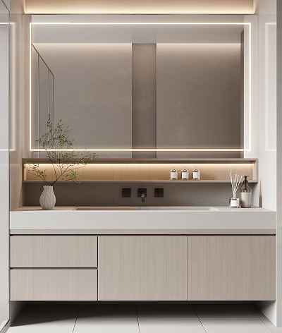 Modern Bathroom Vanity Set With Backlit Mirror Countertop Cabinets And Decorative Vase 3d model