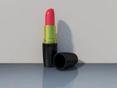Vibrant Red Lipstick With Green Middle Part And Black Cap On Gray Surface 3d model