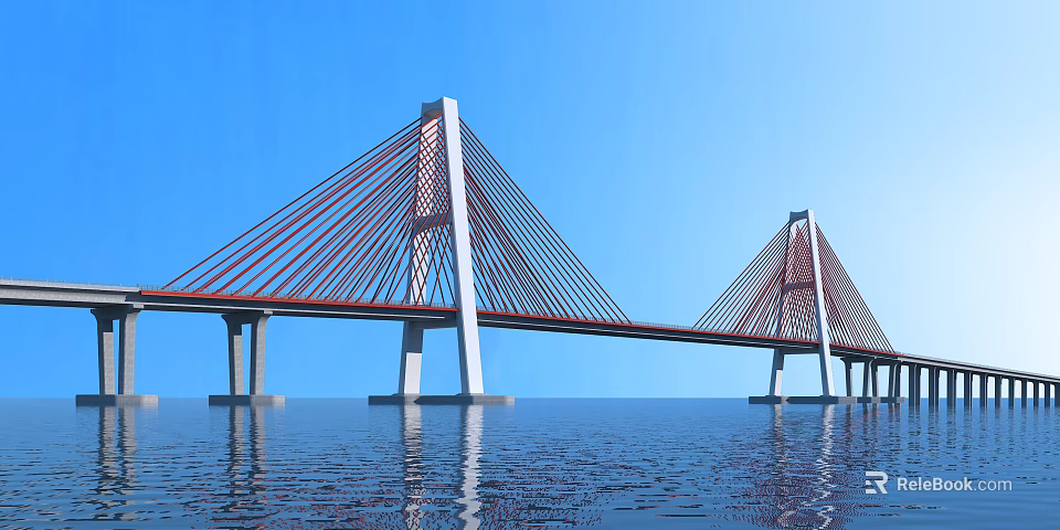 Twin Tower Cable Stayed Bridge With Red Cables Spanning Over Water Under Blue Sky 3d model 