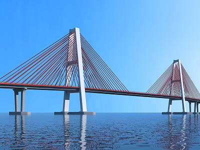 Twin Tower Cable Stayed Bridge With Red Cables Spanning Over Water Under Blue Sky 3d model