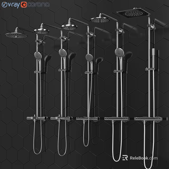 Multiple Shower Faucets with Chrome Finish Modern Design on Black Hexagonal Background 3d model
