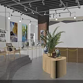 Modern Exhibition Hall Interior With Display Cabinets Decorative Paintings And Wooden Podiums