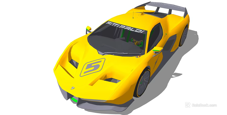 Yellow Racing Car with SINBAD Logo and Number 5 Streamlined Body and Rear Spoiler Design 3d model 