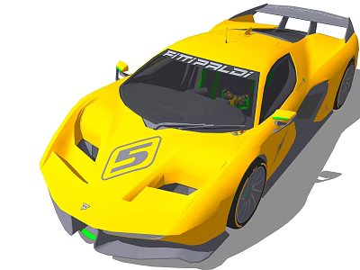 Yellow Racing Car with SINBAD Logo and Number 5 Streamlined Body and Rear Spoiler Design 3d model