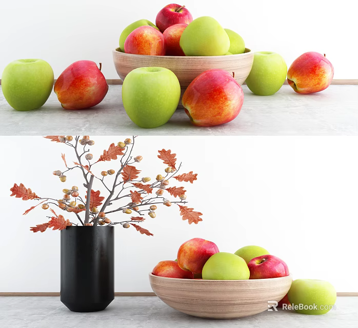 Ceramic Vessels with Fresh Apples Red Maple Leaves and Acorn Branches 3d model 