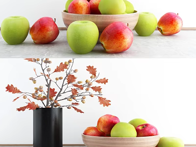 Ceramic Vessels with Fresh Apples Red Maple Leaves and Acorn Branches 3d model