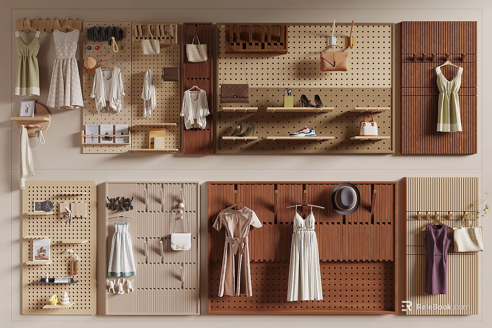 Various Clothing Hangers Designs for Store Display with Clothes Bags and Hats 3d model 
