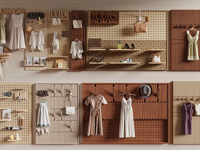 Various Clothing Hangers Designs for Store Display with Clothes Bags and Hats 3d model