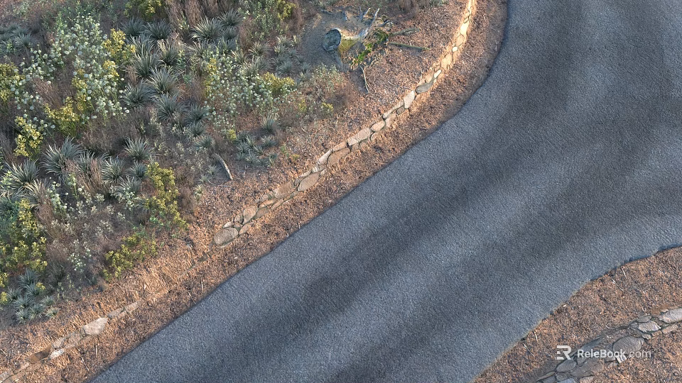 Aerial View Of Park Landscape With Winding Asphalt Path Stone Wall And Green Vegetation 3d model 