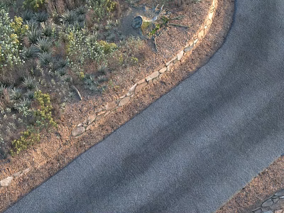 Aerial View Of Park Landscape With Winding Asphalt Path Stone Wall And Green Vegetation 3d model