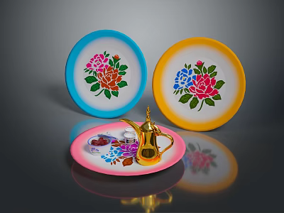 Colorful Household Items Including Blue Yellow Plates And Golden Teapot On Pink Tray 3d model