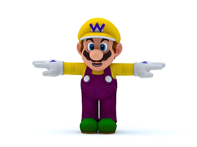 Wario Cartoon Character In Yellow Shirt Purple Overalls With Green Shoes And Outstretched Arms 3d model