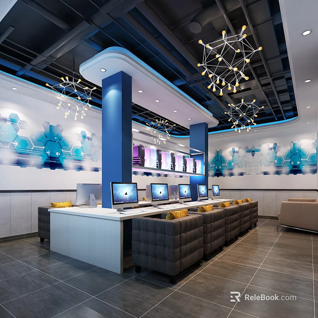 Modern Internet Cafe With Computers Comfortable Sofas And Tech Decor 3d model