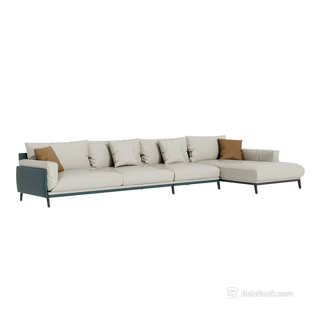 Modern Beige Sectional Sofa With Dark Frame Multiple Cushions And Brown Pillow 3d model
