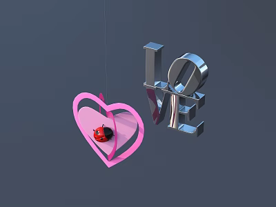 Pink Heart Decoration With Ladybug And Silver LOVE Letters On Dark Background 3d model