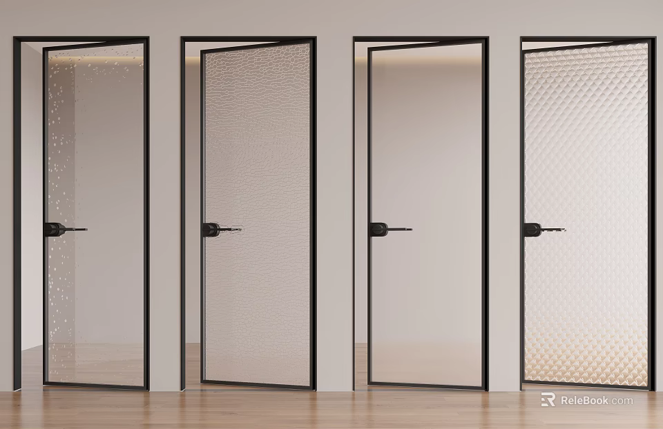 Modern Hinged Doors With Black Frames And Various Glass Textures For Interior 3d model