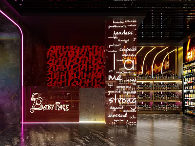 Neon Lit Baby Face Bar Interior With Red Decorative Letters And Liquor Shelves 3d model
