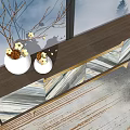Elegant Chevron Striped TV Stand With Marble Panels And Vases By Window With Misty Pine Trees