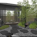 Tranquil Courtyard Garden With Black Pavilion Green Lawn Stone Stepping Path And Lanterns