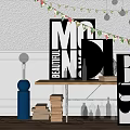 Ornamental Decor Combination with Letter Art Stacked Books and Geometric Ornaments on Black Shelf