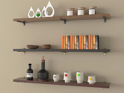 Wall Mounted Shelves with Decorative Items Jars Wooden Bowls Colorful Books Bottles and Mugs 3d model