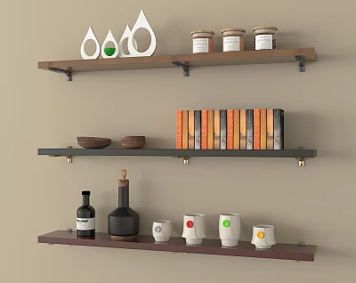 Wall Mounted Shelves with Decorative Items Jars Wooden Bowls Colorful Books Bottles and Mugs 3d model