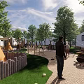 Scenic RV Guesthouse Architecture with Green Trees Grass Lawn and Wooden Entrance Outdoor Seating