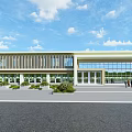 Modern Office Building With Wooden Striped Facade Large Glass Windows Main Entrance Landscaped Front Area