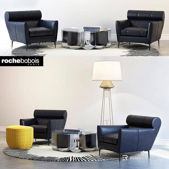 Modern Style Leisure Chairs Black Blue Upholstery With Coffee Table Yellow Ottoman And Floor Lamp 3d model 