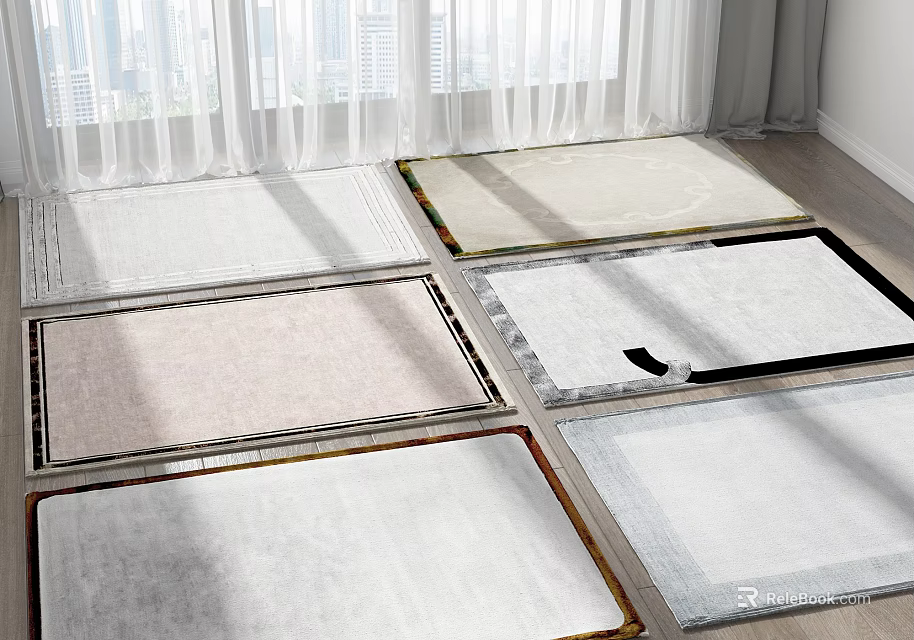 Multiple Square Rugs In Light Tones For Bright Room Interior Design 3d model