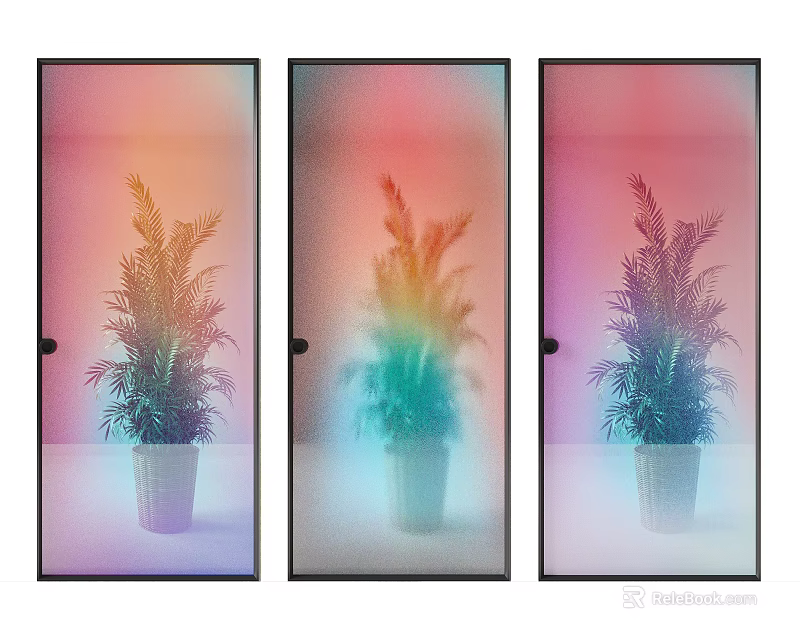 Modern Glass Partition Design With Colorful Gradient And Decorative Plant In Black Frame 3d model 