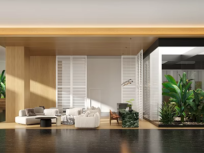 Modern Cozy Casual Lounge Area With Comfortable Sofa And Green Plants 3d model