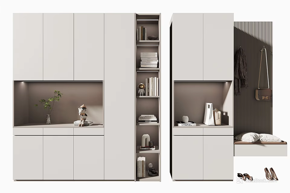 Modern White Shoe Cabinet With Functional Storage And Home Decor Elements 3d model