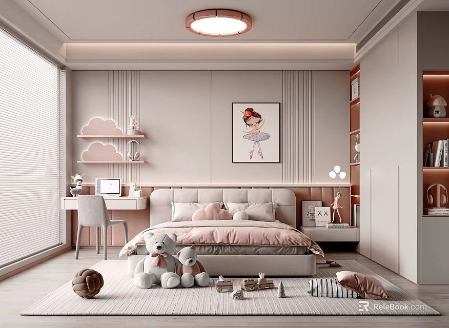Kids Room Interior With Pink Bed Teddy Bears Cloud Shelves And Ballerina Painting 3d model 