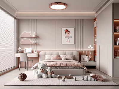 Kids Room Interior With Pink Bed Teddy Bears Cloud Shelves And Ballerina Painting 3d model