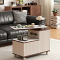 Double Layered Beige Brown Coffee Table With Teapot Teacups Table Lamp By Black Leather Sofa
