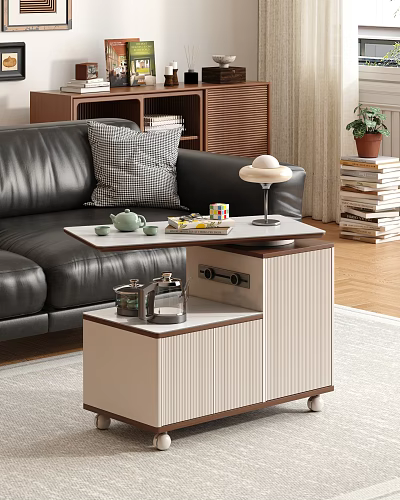 Double Layered Beige Brown Coffee Table With Teapot Teacups Table Lamp By Black Leather Sofa 3d model