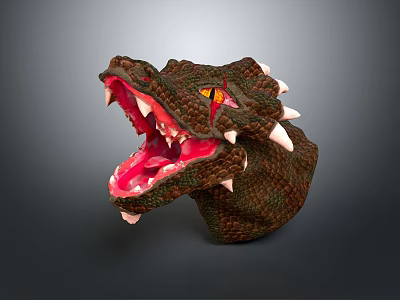 Realistic Dragon Head Sculpture With Open Mouth Red Tongue Yellow Eyes And White Spikes 3d model