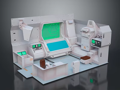 Sci-Fi Control Console Workstation With Green Blue Screens Control Panels And Seats 3d model