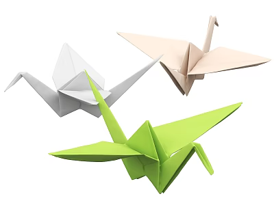 Colorful Origami Crane Decorative Ornament Set With White Beige Green Paper Birds 3d model