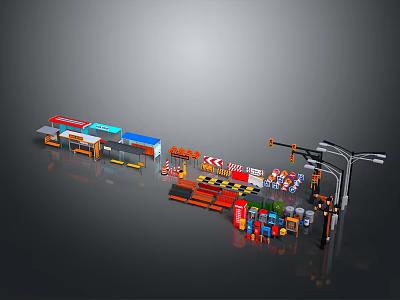 Modern Urban Scene With Traffic Signs Street Lamps And Building Models 3d model