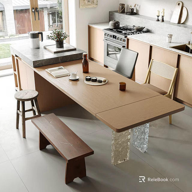 Modern Kitchen Dining Table Set With Wooden Top Bench Chairs And Glass Legs 3d model 