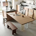 Modern Kitchen Dining Table Set With Wooden Top Bench Chairs And Glass Legs