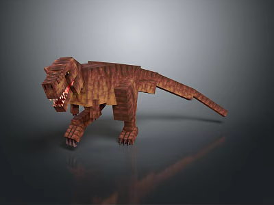 Pixelated Brown T Rex Dinosaur Model With Sharp Teeth Standing On Dark Background 3d model