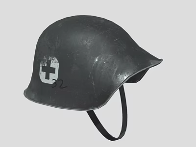 Worn Black Helmet Featuring White Cross Symbol And Number 32 3d model
